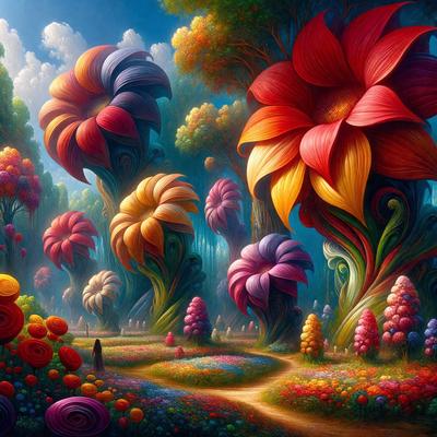 The primary subject of the image is a woman walking down a path surrounded by a vibrant and colorful garden. The setting is a lush, flower-filled forest with trees and colorful flowers. The visual style is a digital art or illustration, creating a whimsical and imaginative atmosphere. The colors and mood are predominantly bright and cheerful, with a sense of wonder and enchantment.